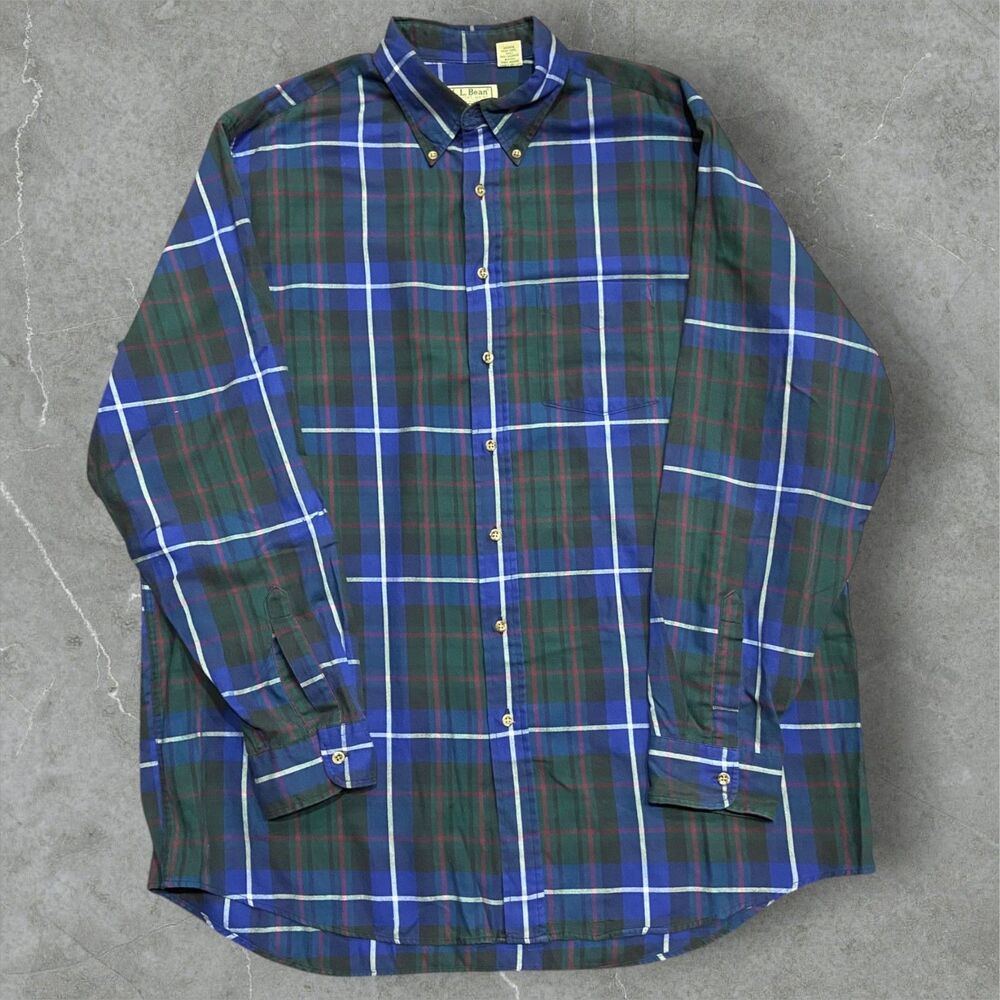 L.L. Bean Vintage Plaid Blue Green Button Down Cotton Shirt Men's Size XL